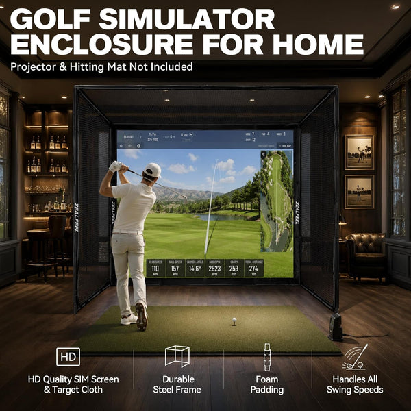 Golf Simulator Enclosure Designed for Home Practice, Impact Screen, Foam-Padded Frame, 10x8 Foot Setup