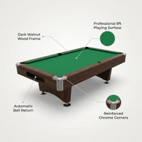 Pool Table Built for Full Size Gameplay, 8 Foot Professional Dimensions, Automatic Ball Return, Complete Set — Feature Infographic