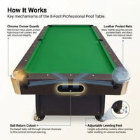 Pool Table Built for Full Size Gameplay, 8 Foot Professional Dimensions, Automatic Ball Return, Complete Set — How It Works